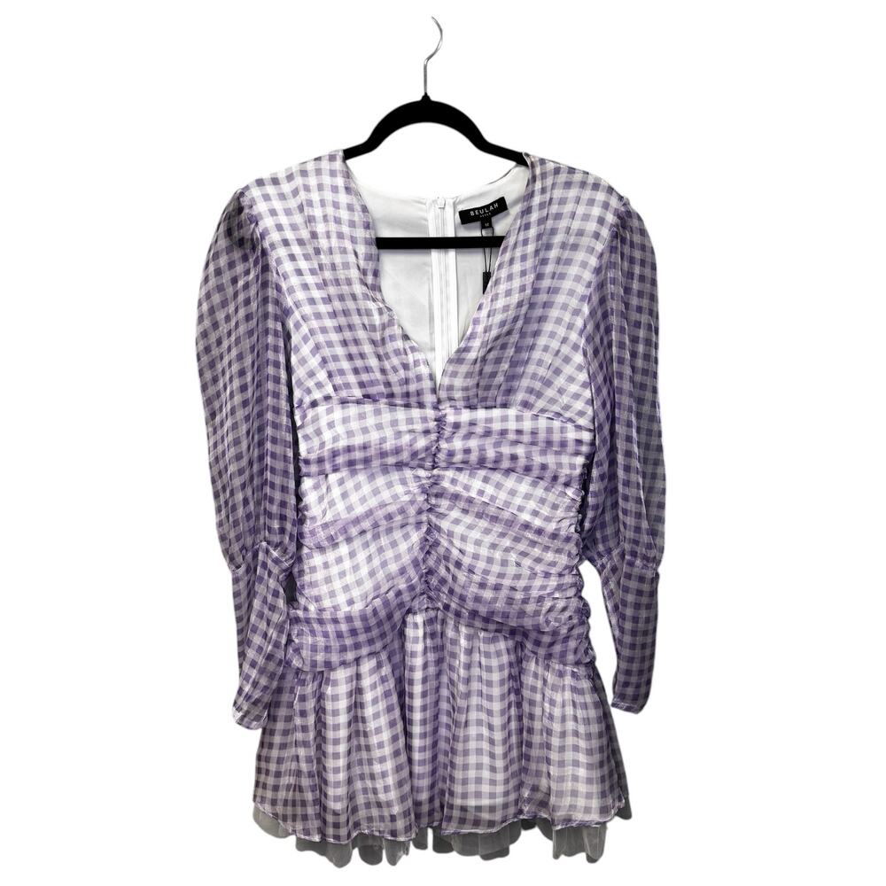 NWT Beulah Purple White Gingham Puff Sleeve Ruched Mini Dress Womens Medium